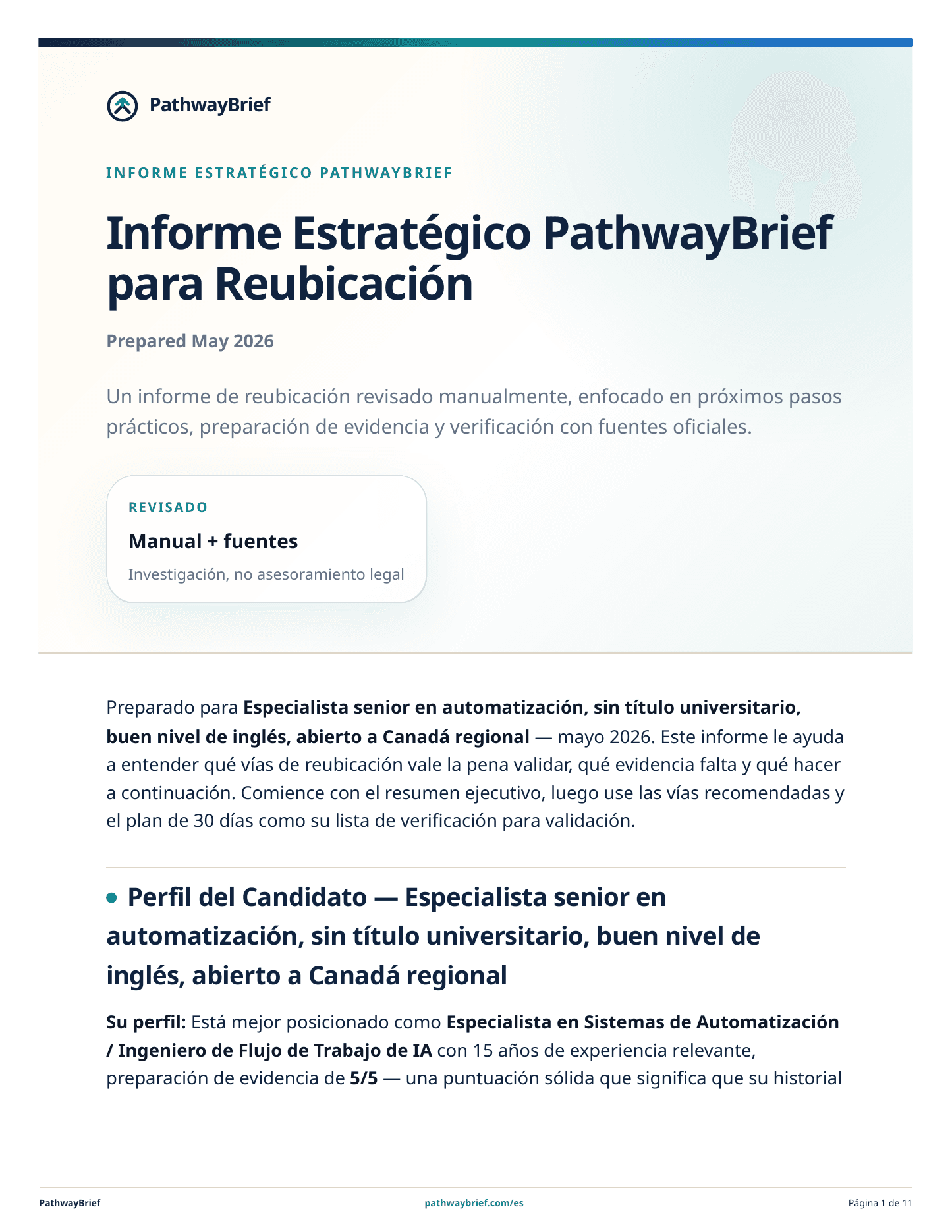 Vista previa del informe PathwayBrief (con datos redactados)